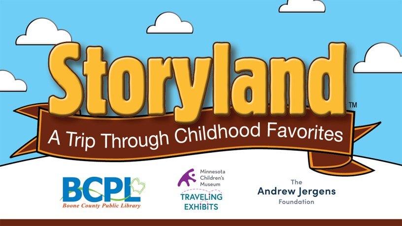 Promotional graphic reading Storyland: A Trip Through Childhood Favorites on a blue sky background.