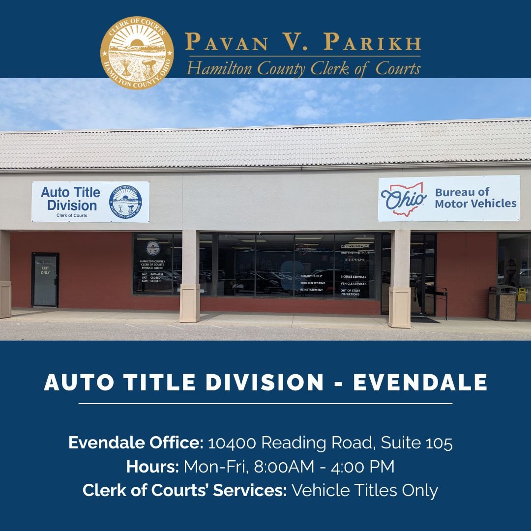 Promotional graphic showing a commercial storefront with Auto Title Division and Ohio BMV signage.