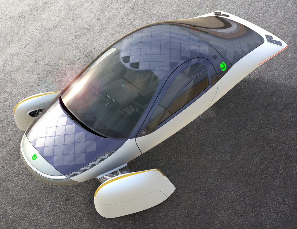 Rendering of the Aptera 3 "Never Charge" design, as viewed from above, showing a full complement of solar cells capable of generating 700 watts in ideal conditions.