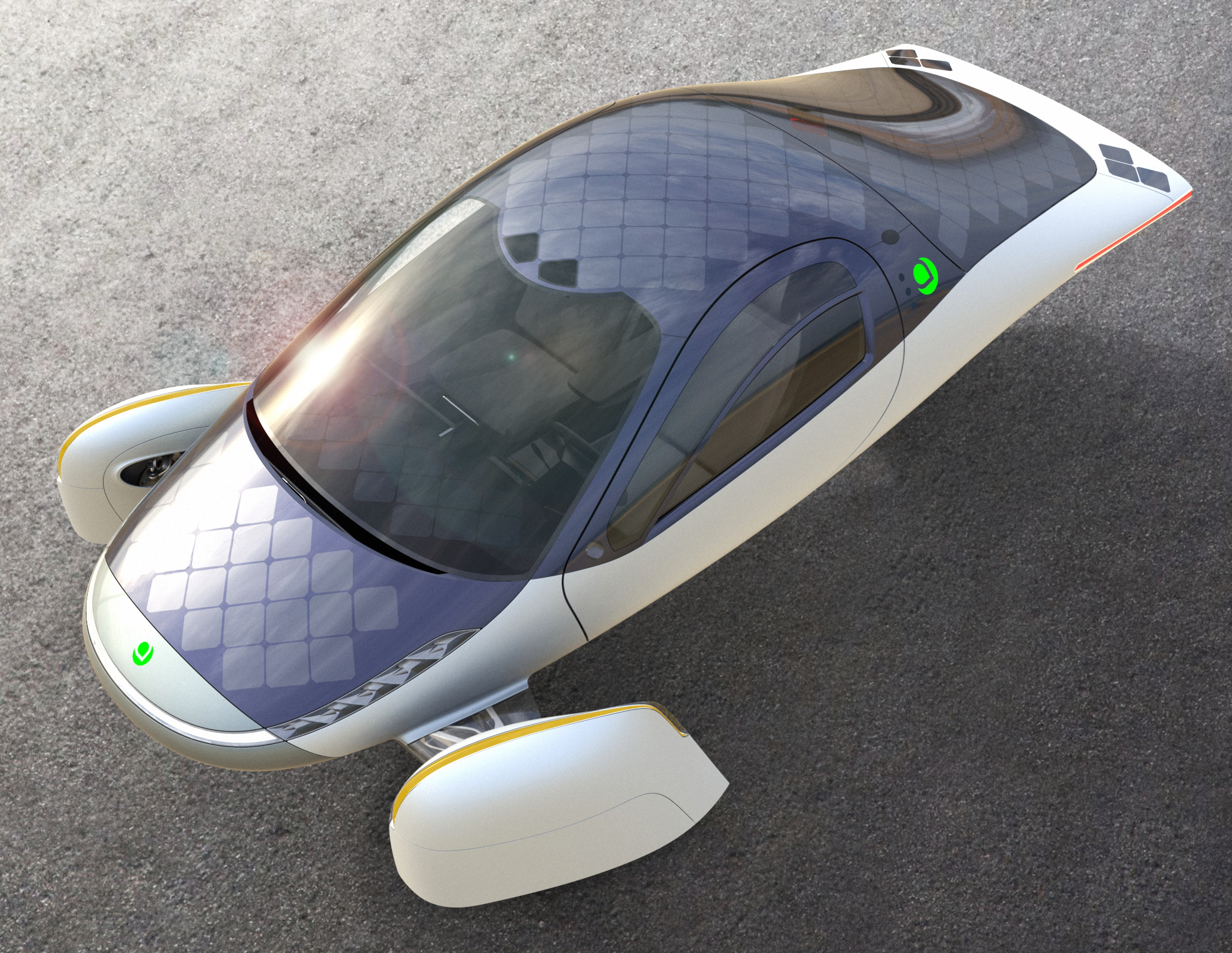 Aerial view of a three-wheeled solar electric vehicle with solar panels on the roof and hood.