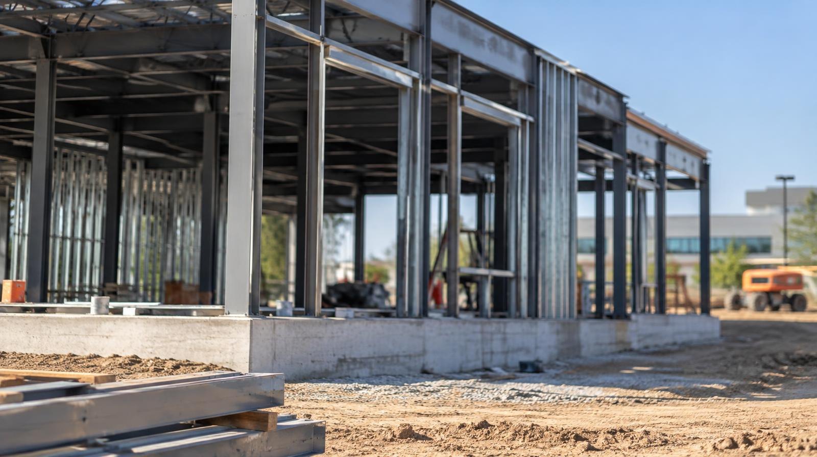 Steel-framed one-story building under construction on a flat commercial campus.