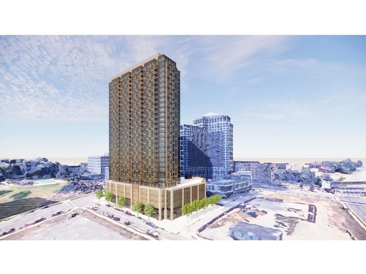 Architectural rendering of a 30-story residential tower with a podium base, shown in aerial perspective with surrounding buildings.