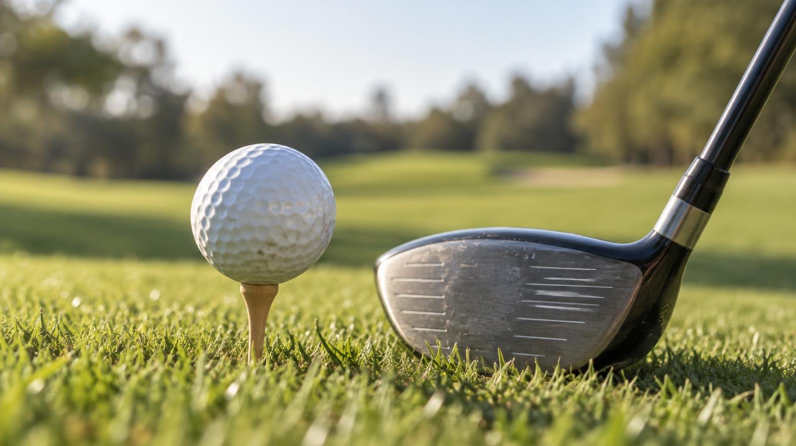 A golf ball on a wooden tee in short-cut grass beside a golf club head.