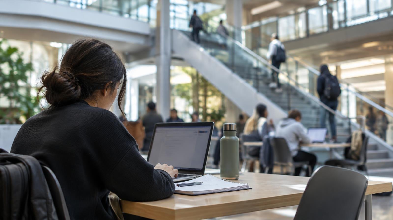 Modern university atrium with glass skylights, open staircases, and students at tables.