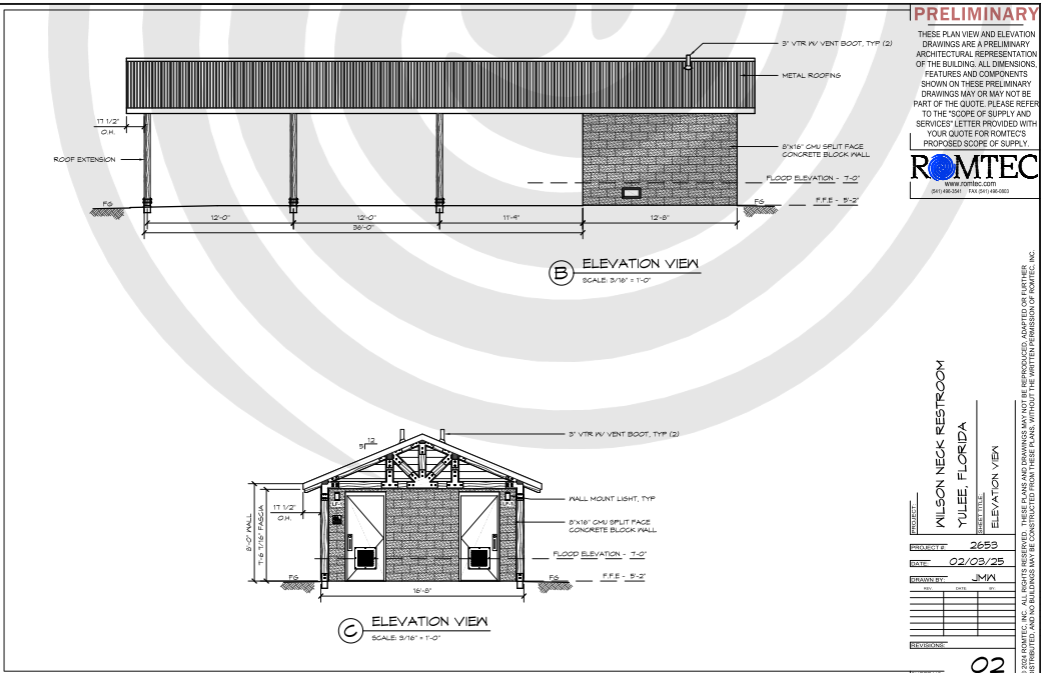 Architectural elevation drawings of a small restroom building with metal roof and covered patio.