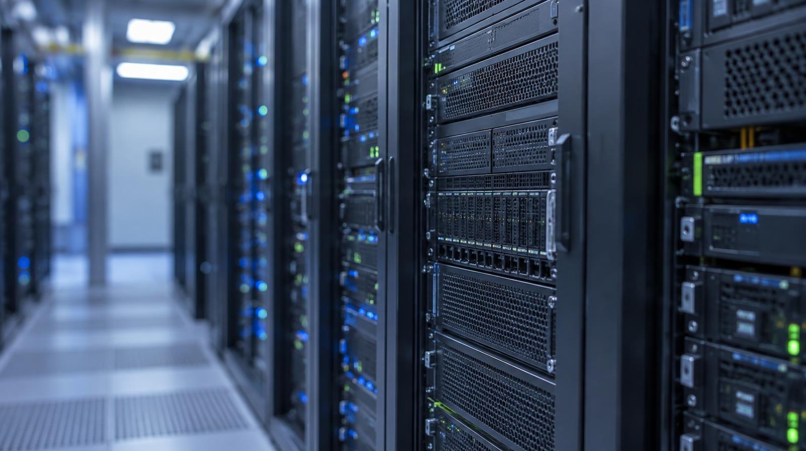Rows of black server racks with blinking indicator lights in a data center.