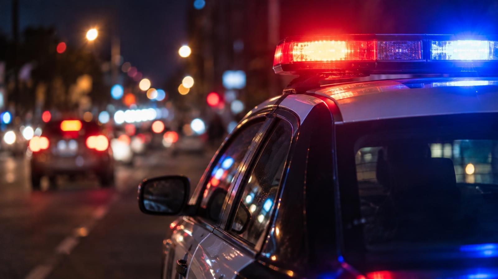 Red and blue police emergency lights glowing on a dark road at night.