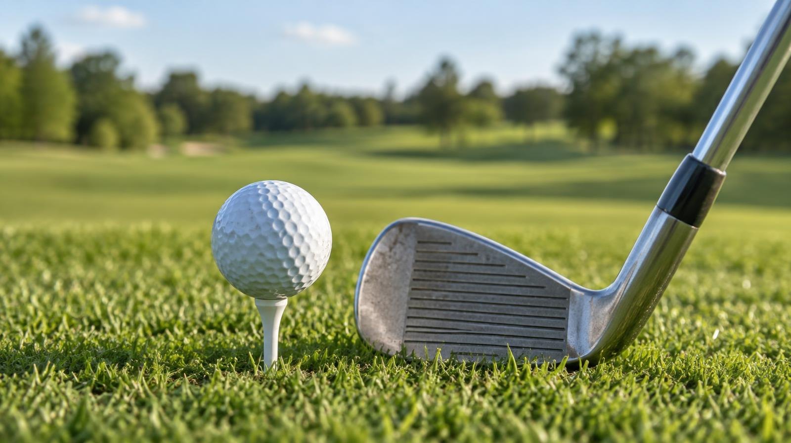 A golf ball on a white tee in green grass beside an iron club head.