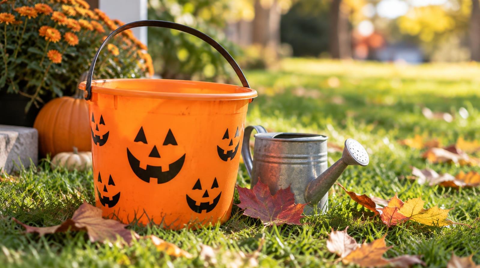 A jack-o'-lantern candy bucket beside a small watering can on green grass.