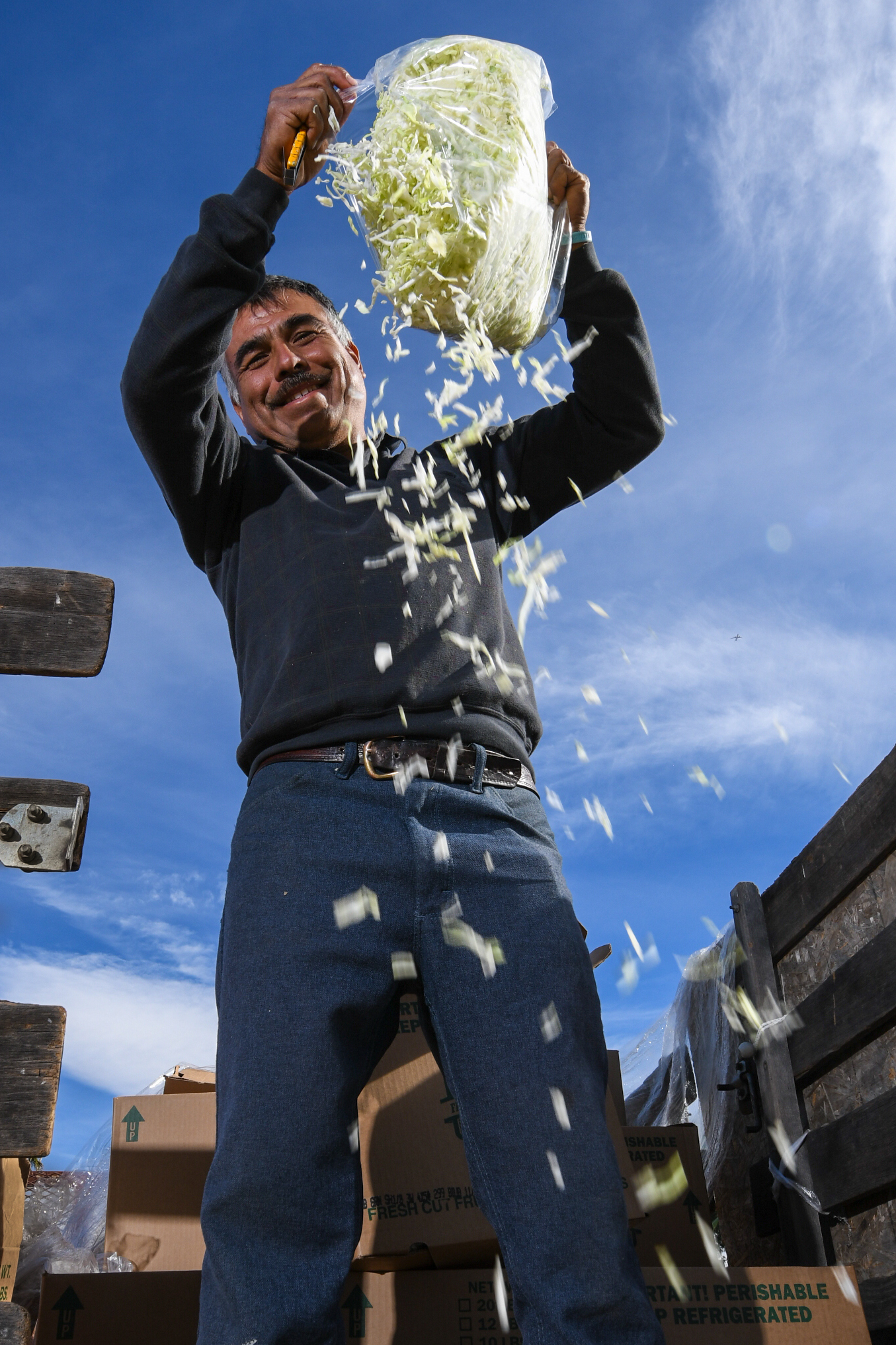 A man tips a bag of shredded cabbage scraps into a compost area outdoors.
