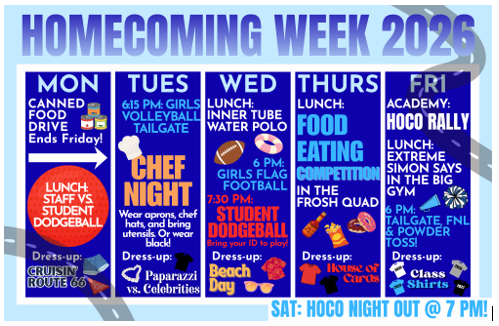 Colorful flyer listing Homecoming Week daily activities and dress-up themes.