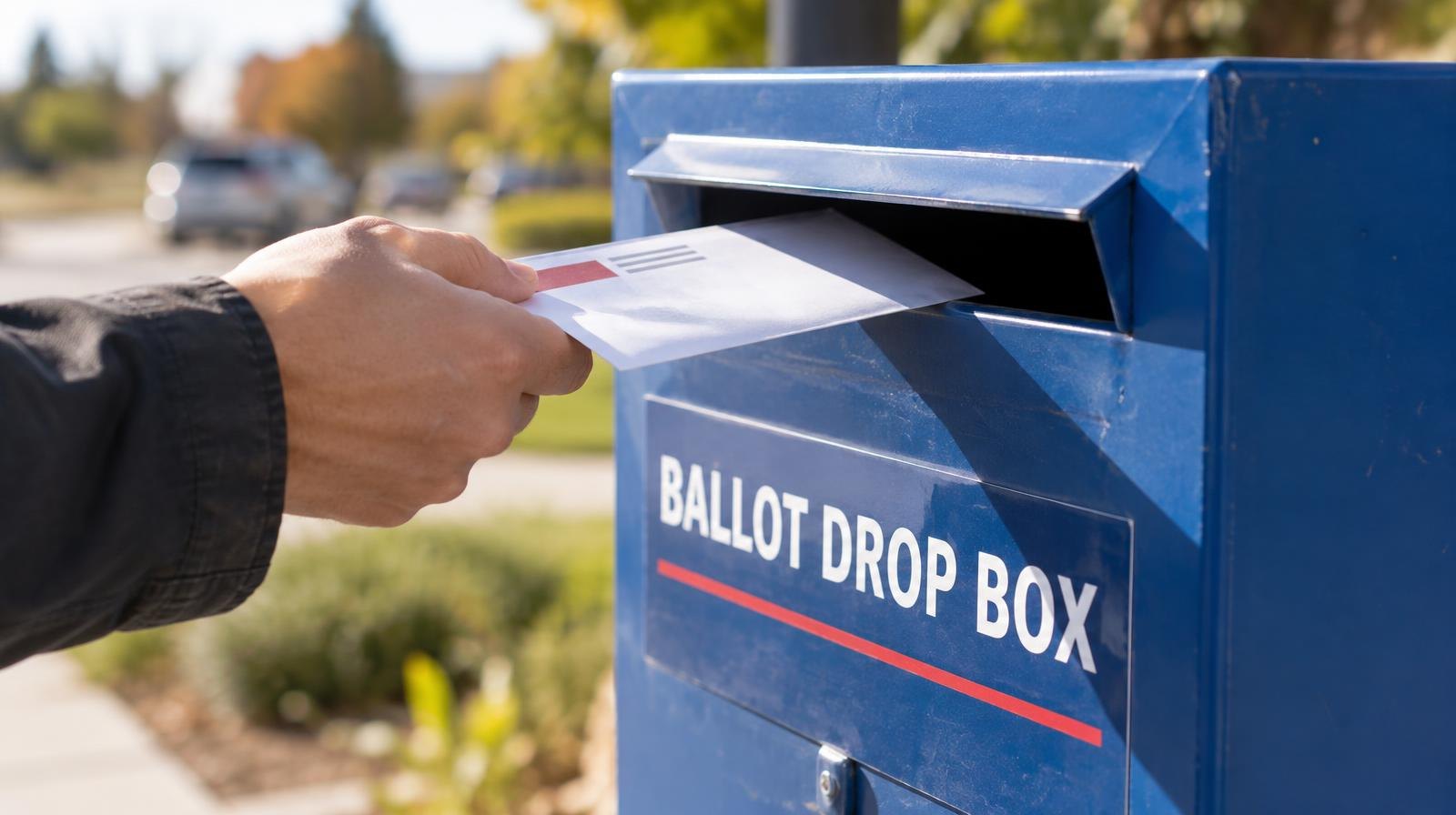 A ballot drop box on a post outdoors with an envelope being inserted into the slot.