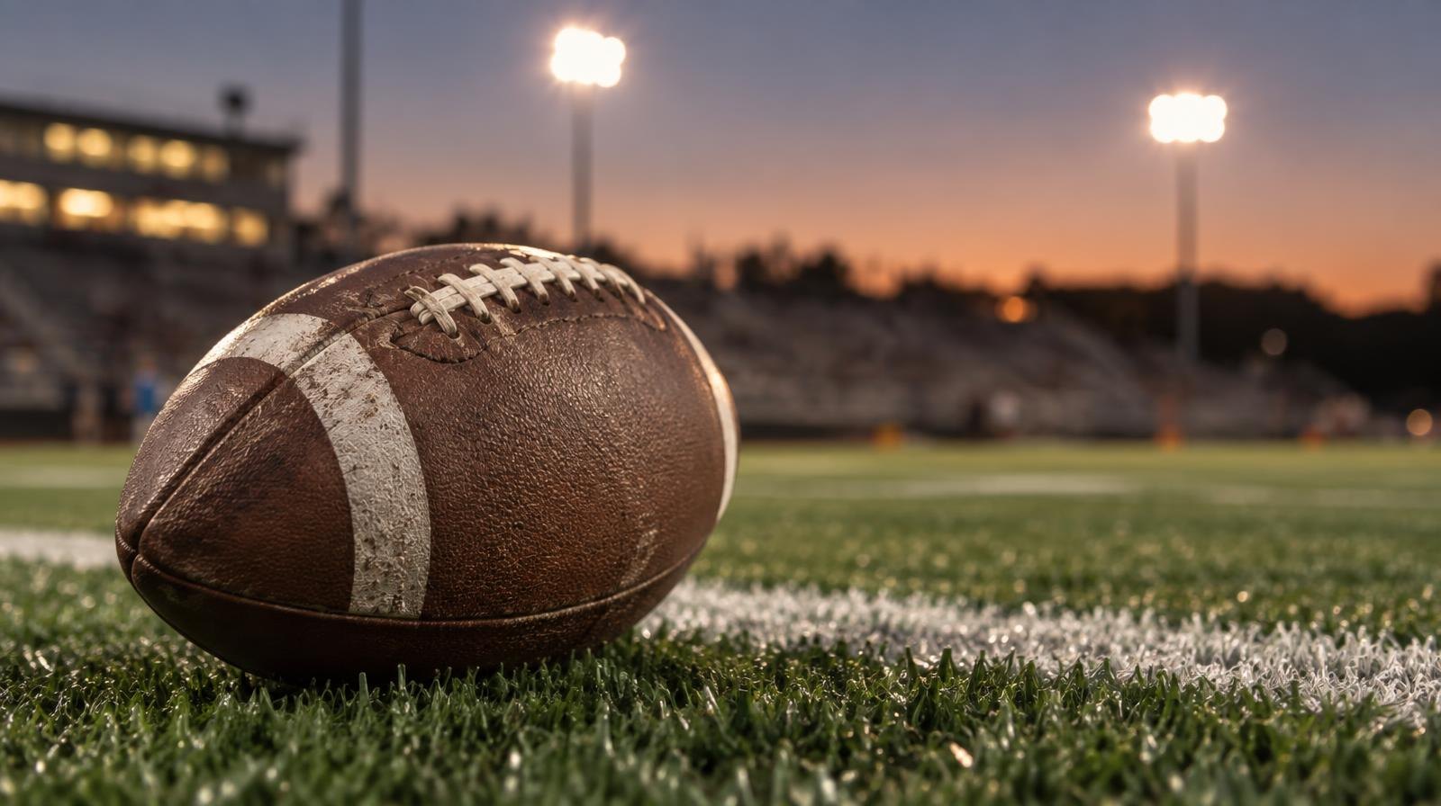 An American football resting on green turf beside a white yard line under stadium lights.