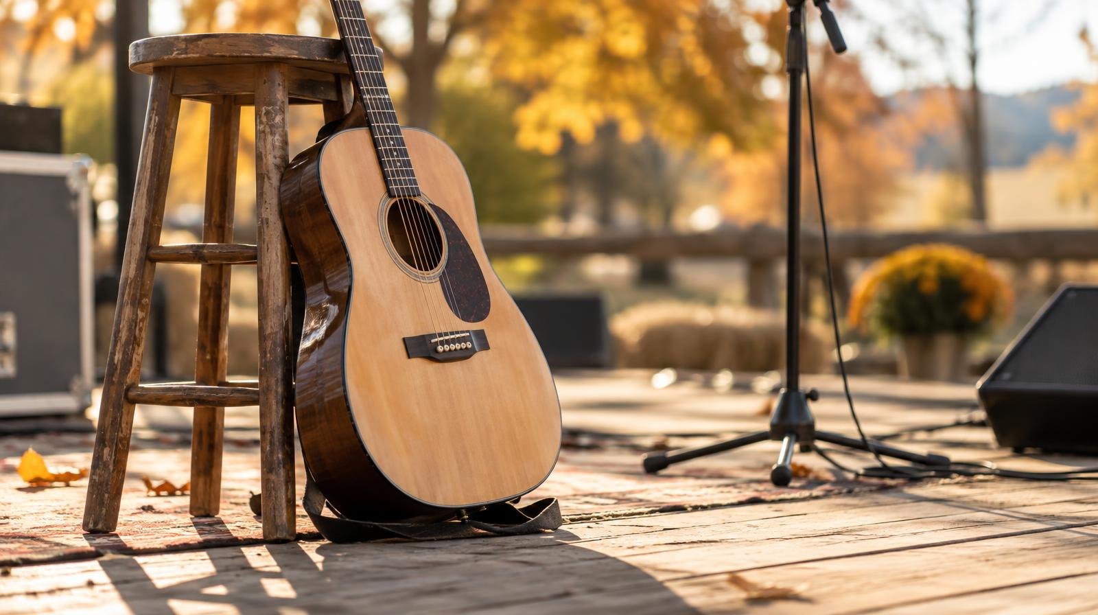 Acoustic guitar leaning against a stool beside a microphone stand on a sunlit outdoor stage.
