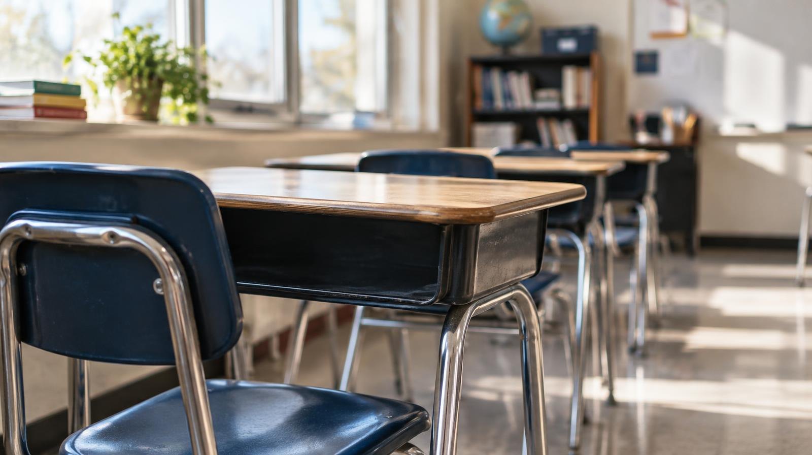 Rows of empty student desks in a sunlit school classroom.