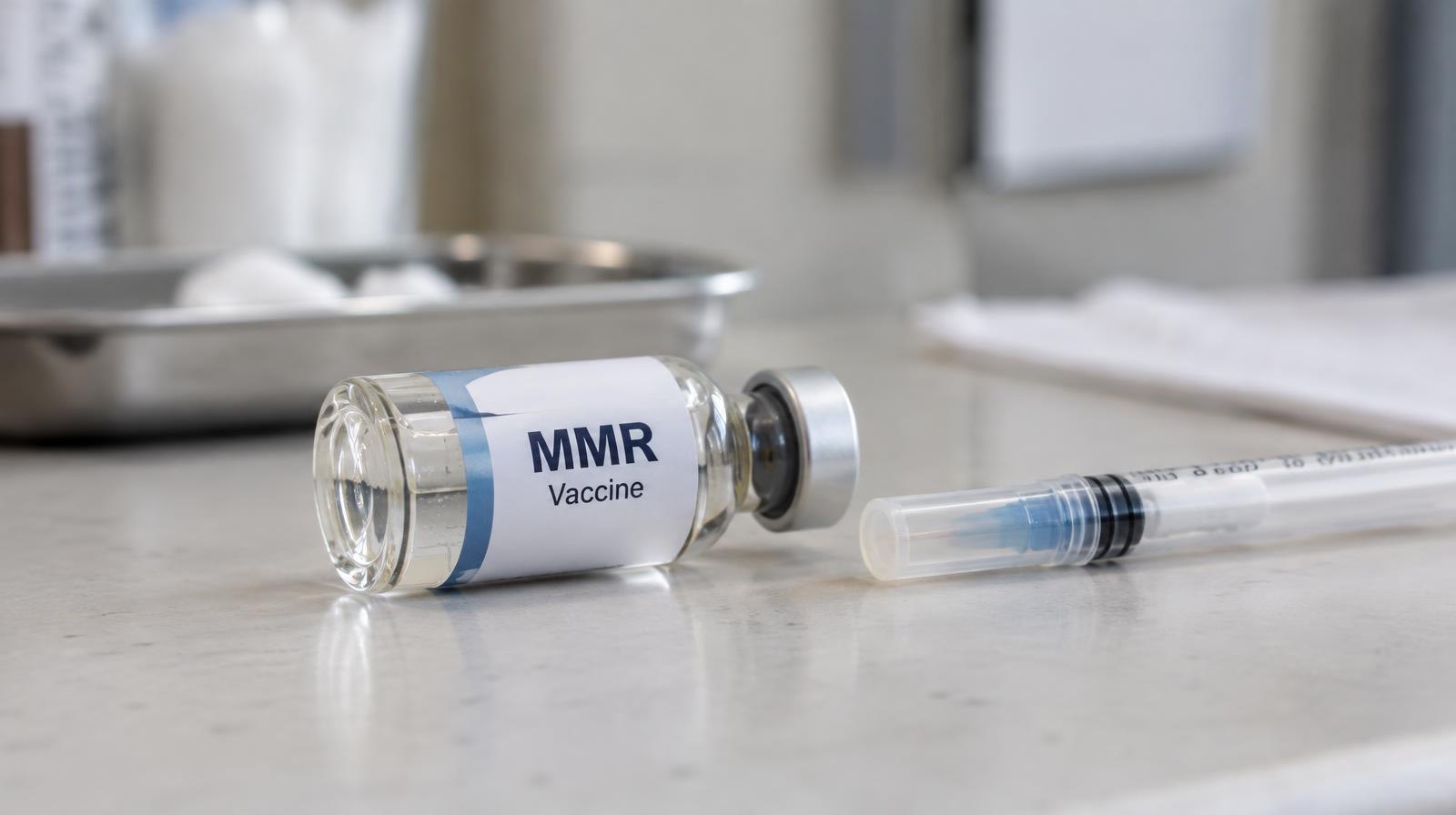 A glass vaccine vial lying on its side next to a capped syringe on a white surface.