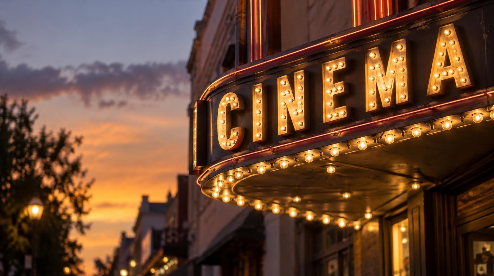 Illuminated vintage movie theater marquee glowing at dusk.