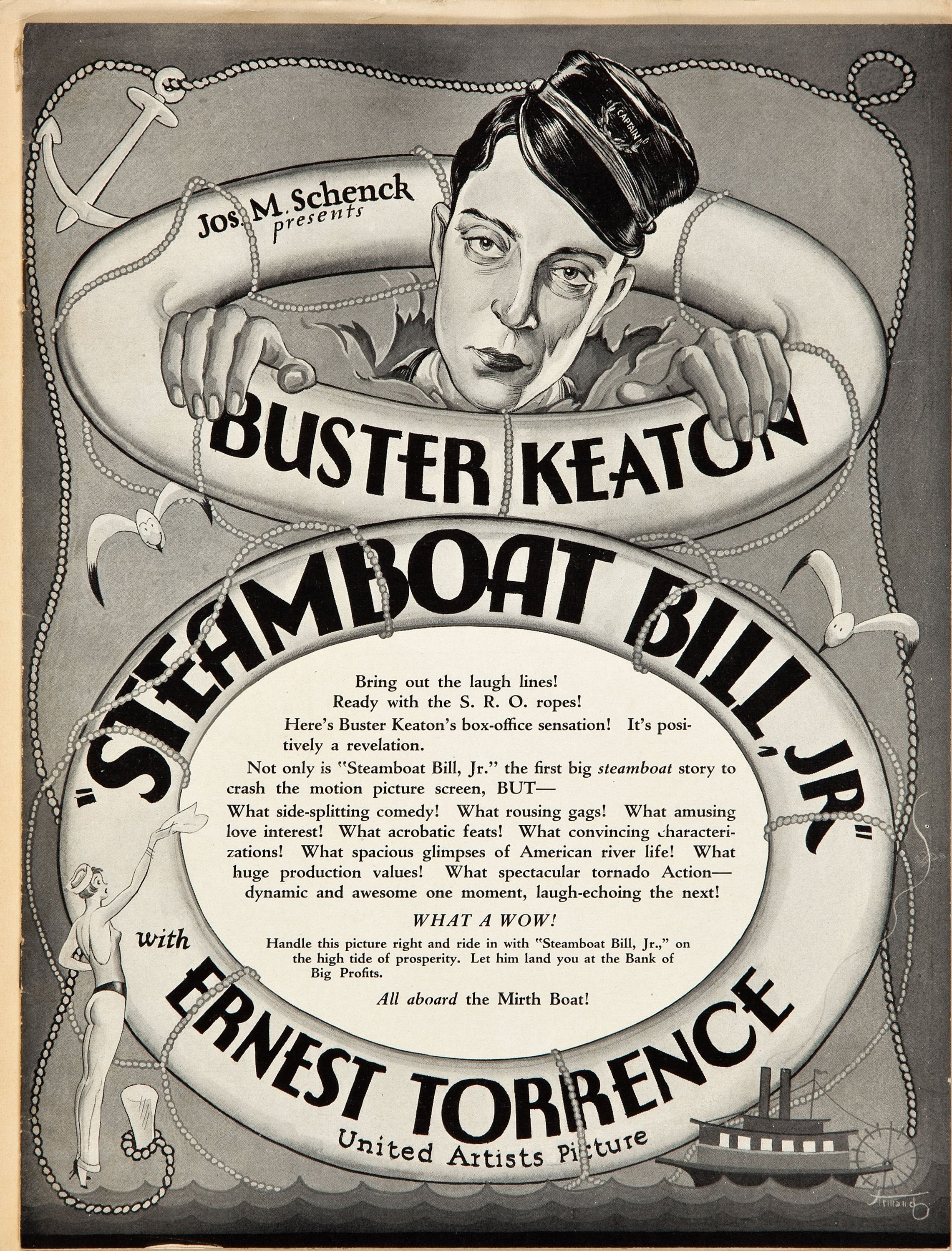 Vintage illustrated poster showing a man in a sailor's cap holding a life preserver ring.