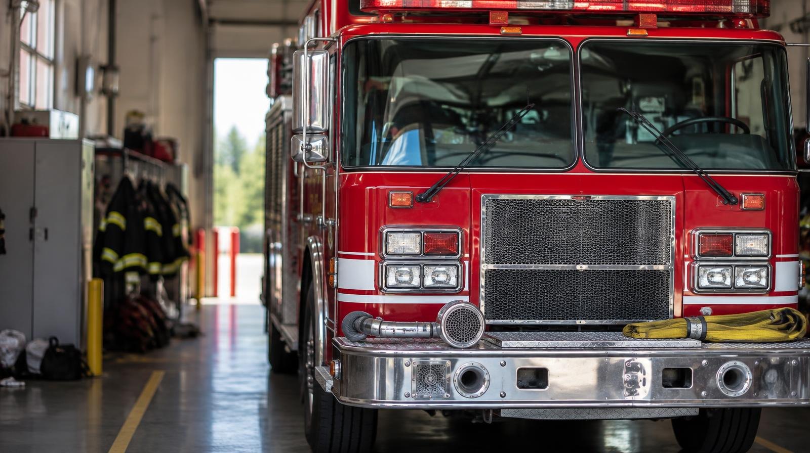 A red fire engine parked inside an open fire station bay, viewed from the front.