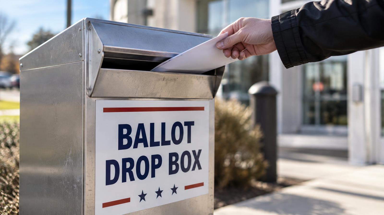 A metal ballot drop box mounted outdoors near a building entrance.