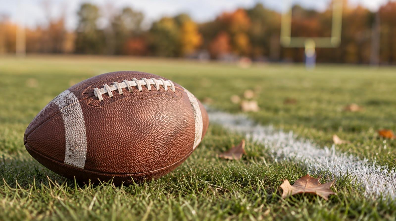 An American football resting on green grass next to a white yard line.