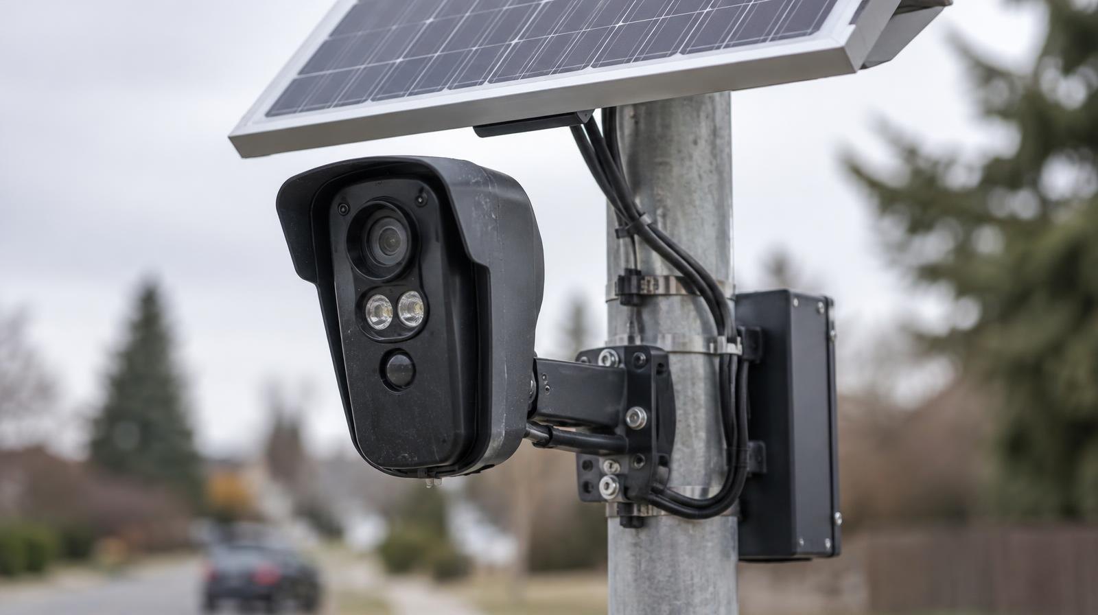 A solar-powered automated license plate reader camera mounted on a metal pole outdoors.