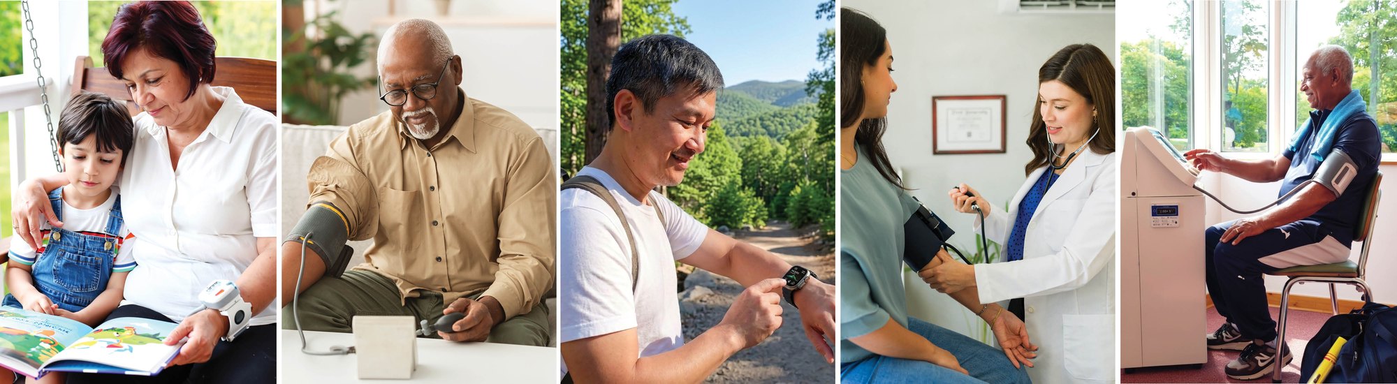 Five photos showing people of various ages having their blood pressure measured.