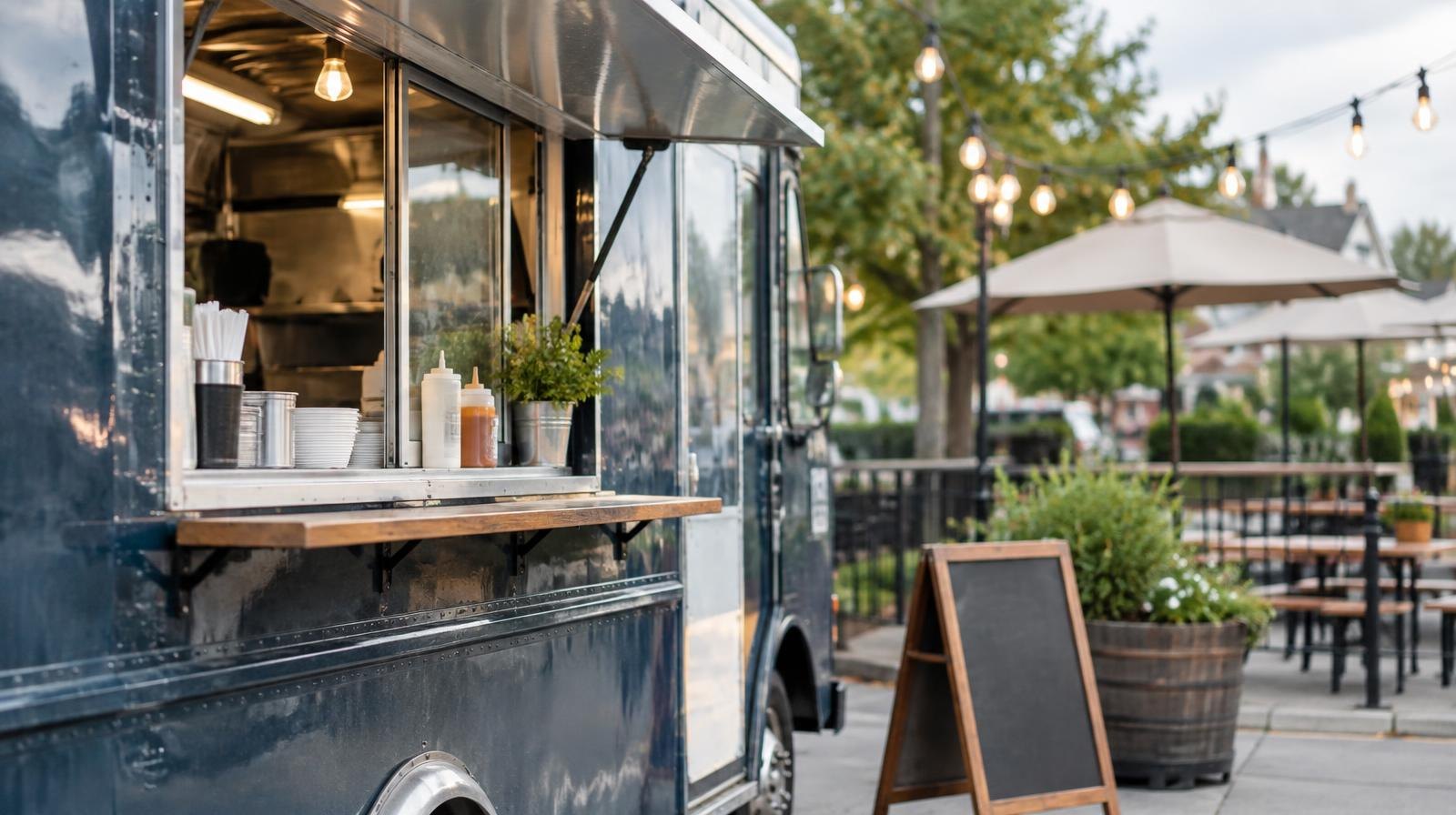 Food truck with open service window parked next to a patio with string lights.