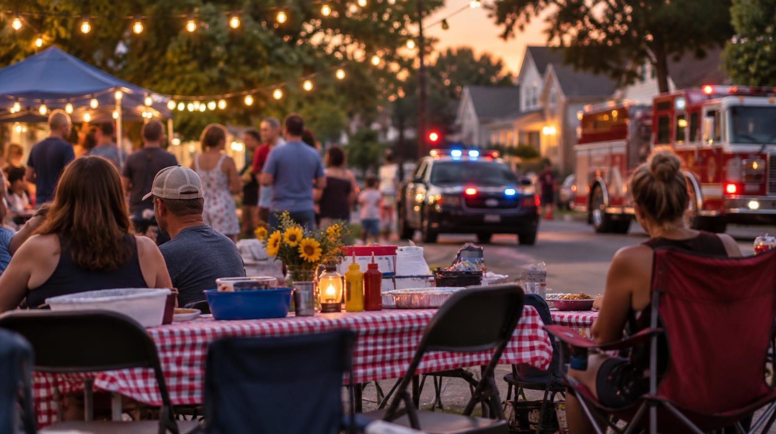 String lights and folding tables line a residential street at dusk near parked emergency vehicles.