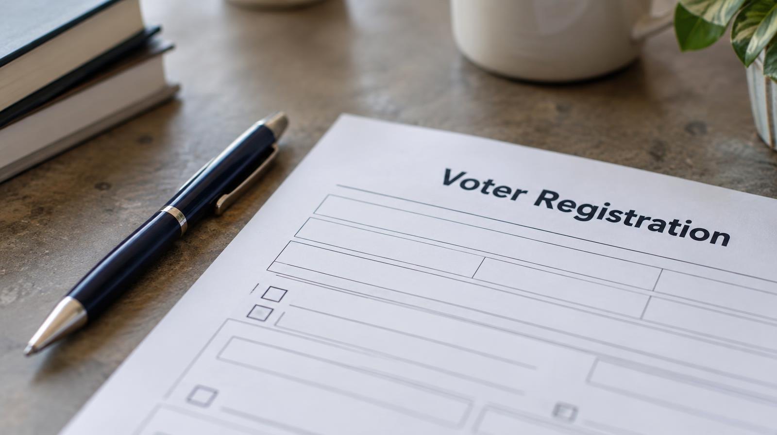 A blank registration form on a table beside a pen.