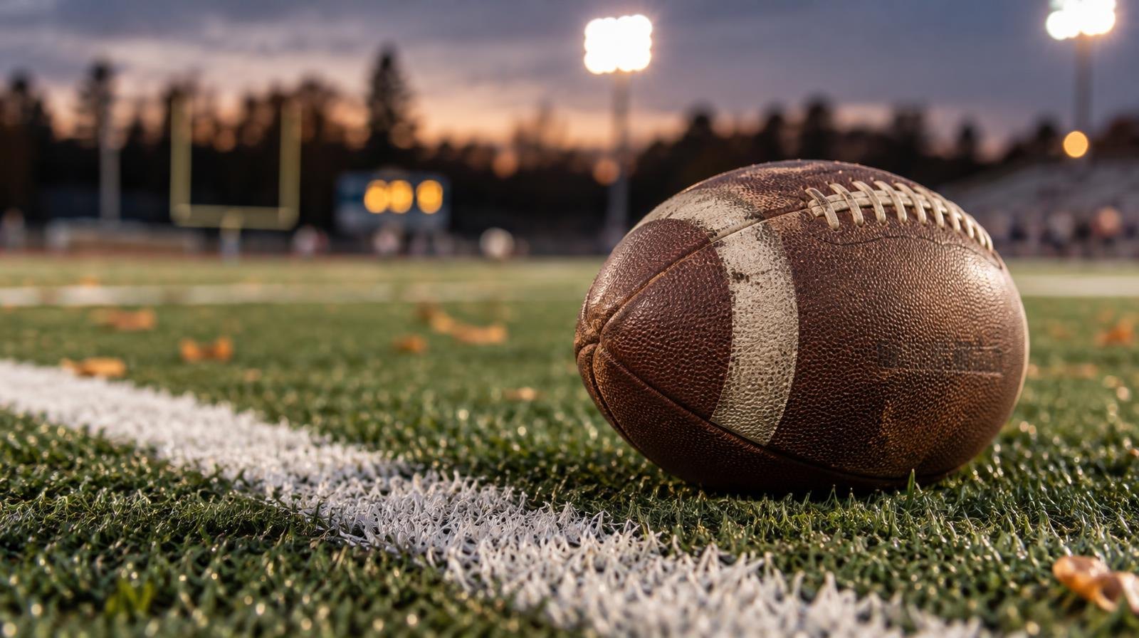 An American football on green turf beside a white yard line under glowing stadium lights
