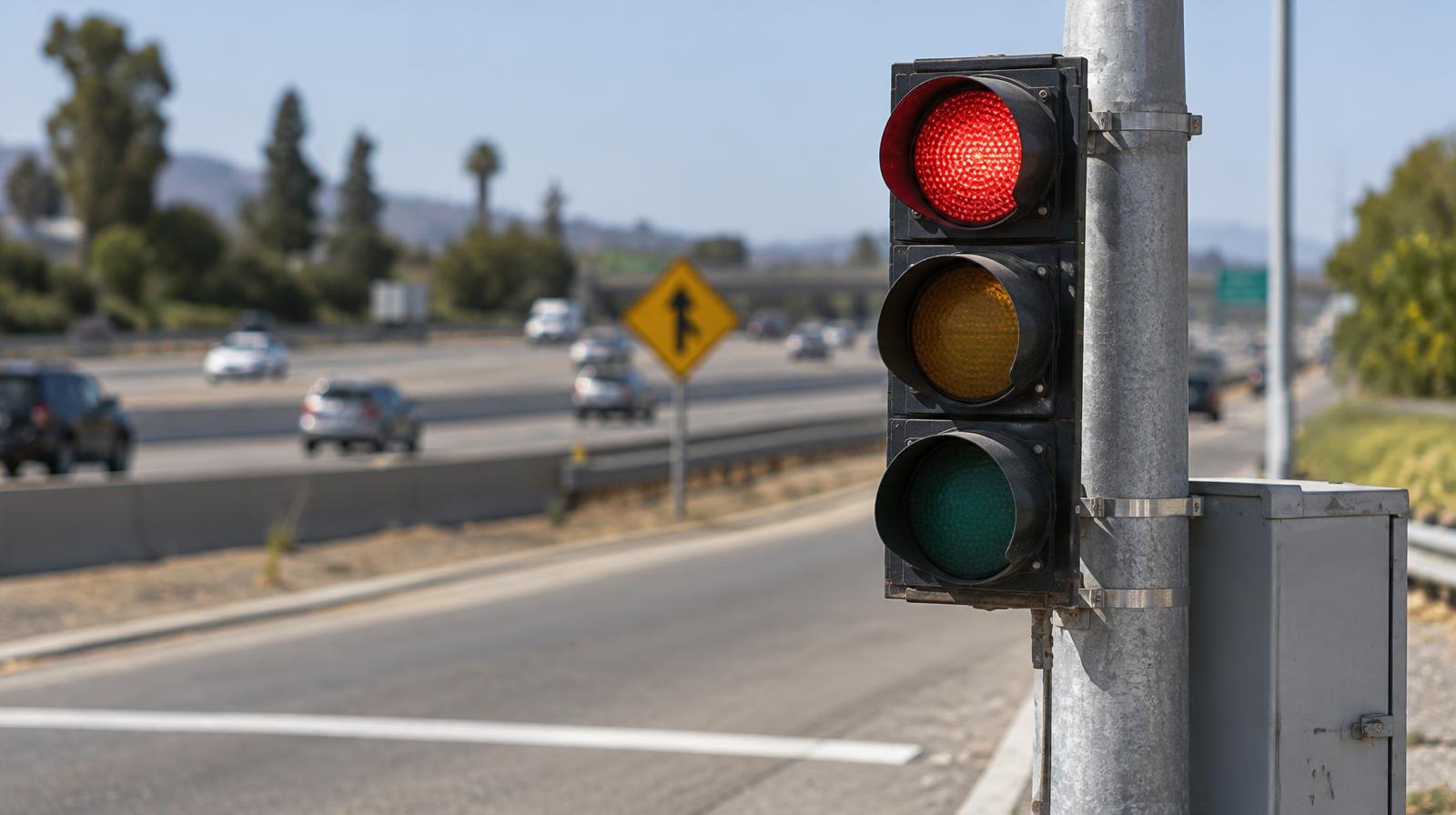 A ramp meter signal light on a pole at a freeway on-ramp with a white stop line.