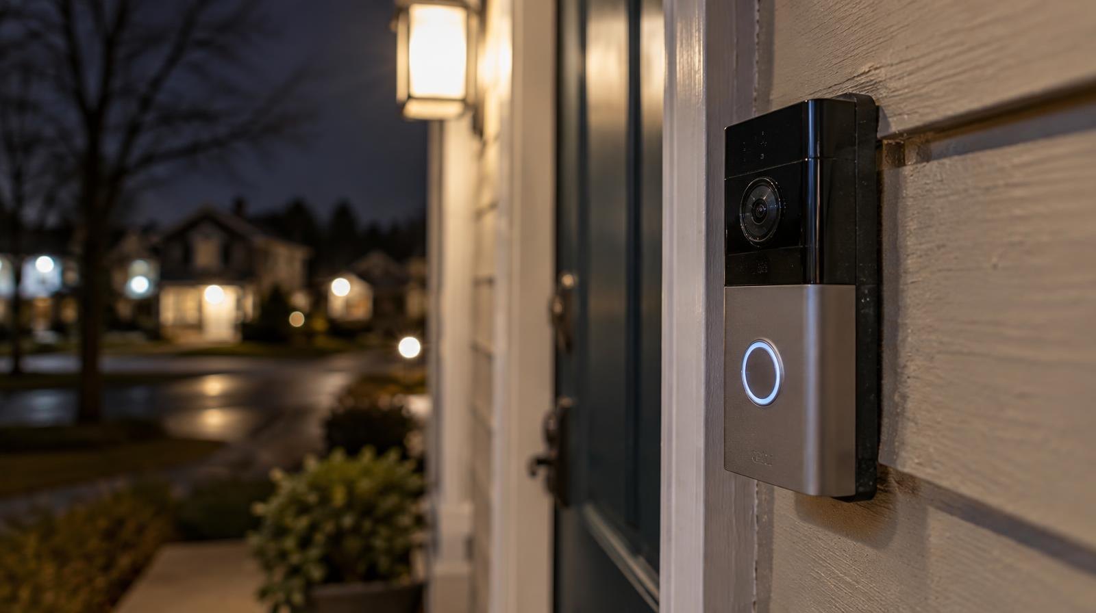 A doorbell security camera mounted beside a front door at night.