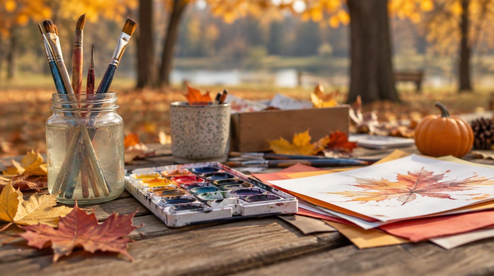 Paintbrushes, watercolor paints, and craft paper on a wooden table outdoors in autumn light.