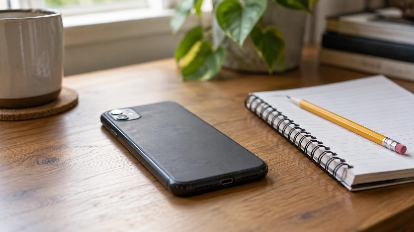 A smartphone face-down on a wooden desk next to a notebook and pencil.