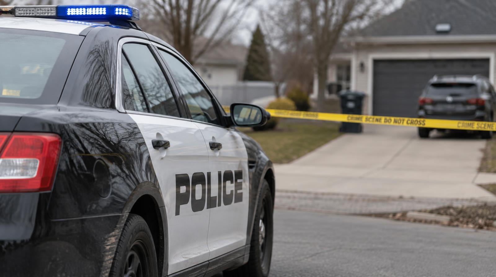 Marked police car parked near yellow crime scene tape outside a house.