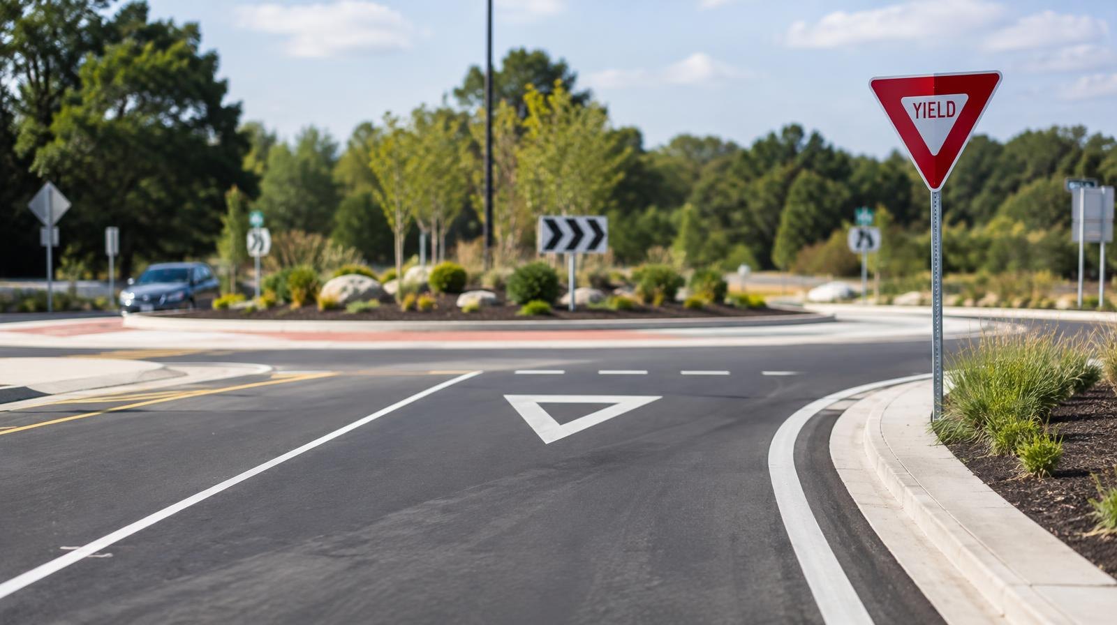 Paved two-lane road approaching a circular roundabout with a green center island and yield signs.