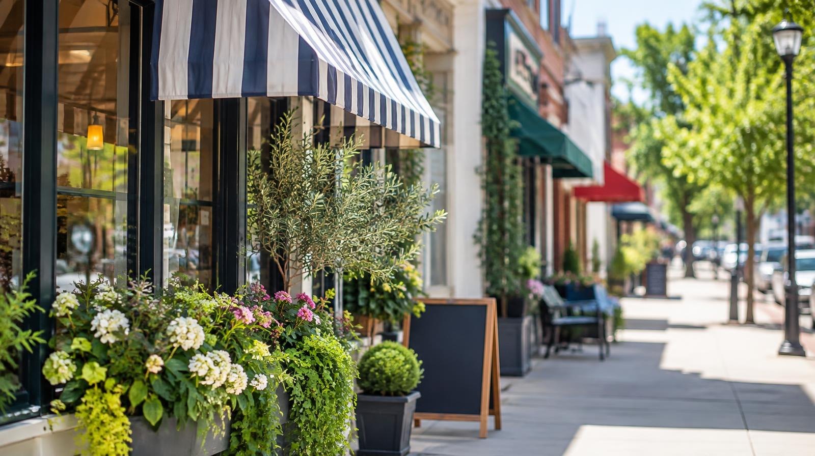 Colorful storefronts with awnings and potted plants along a sunny sidewalk.
