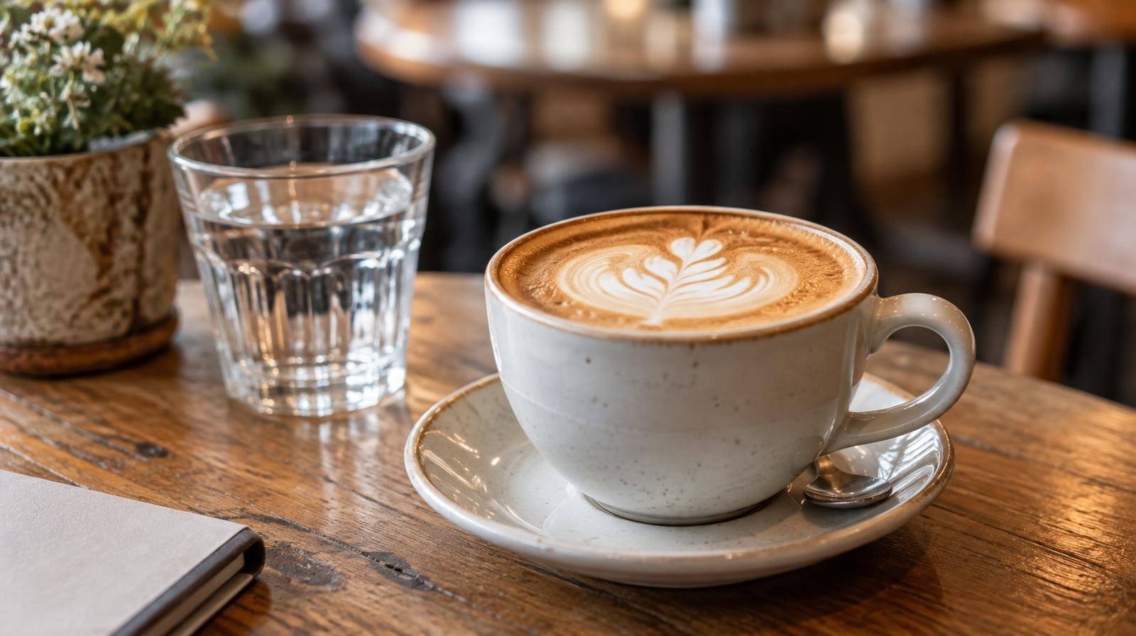 A ceramic coffee cup with latte art on a wooden café table beside a small glass of water.