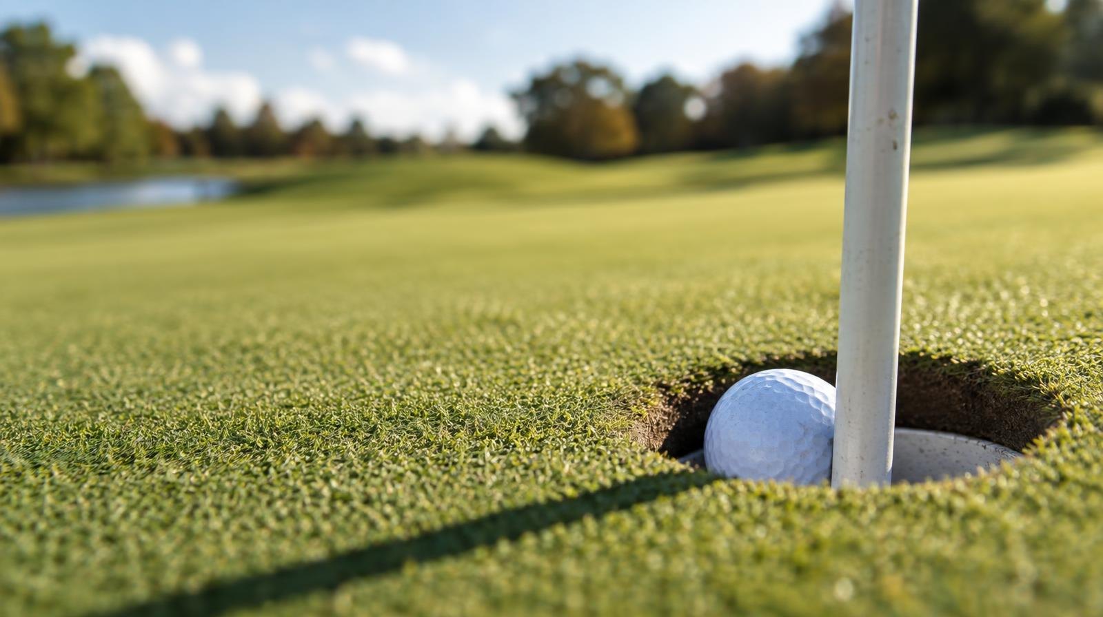 A golf ball sitting in the hole of a putting green beside a flagstick.