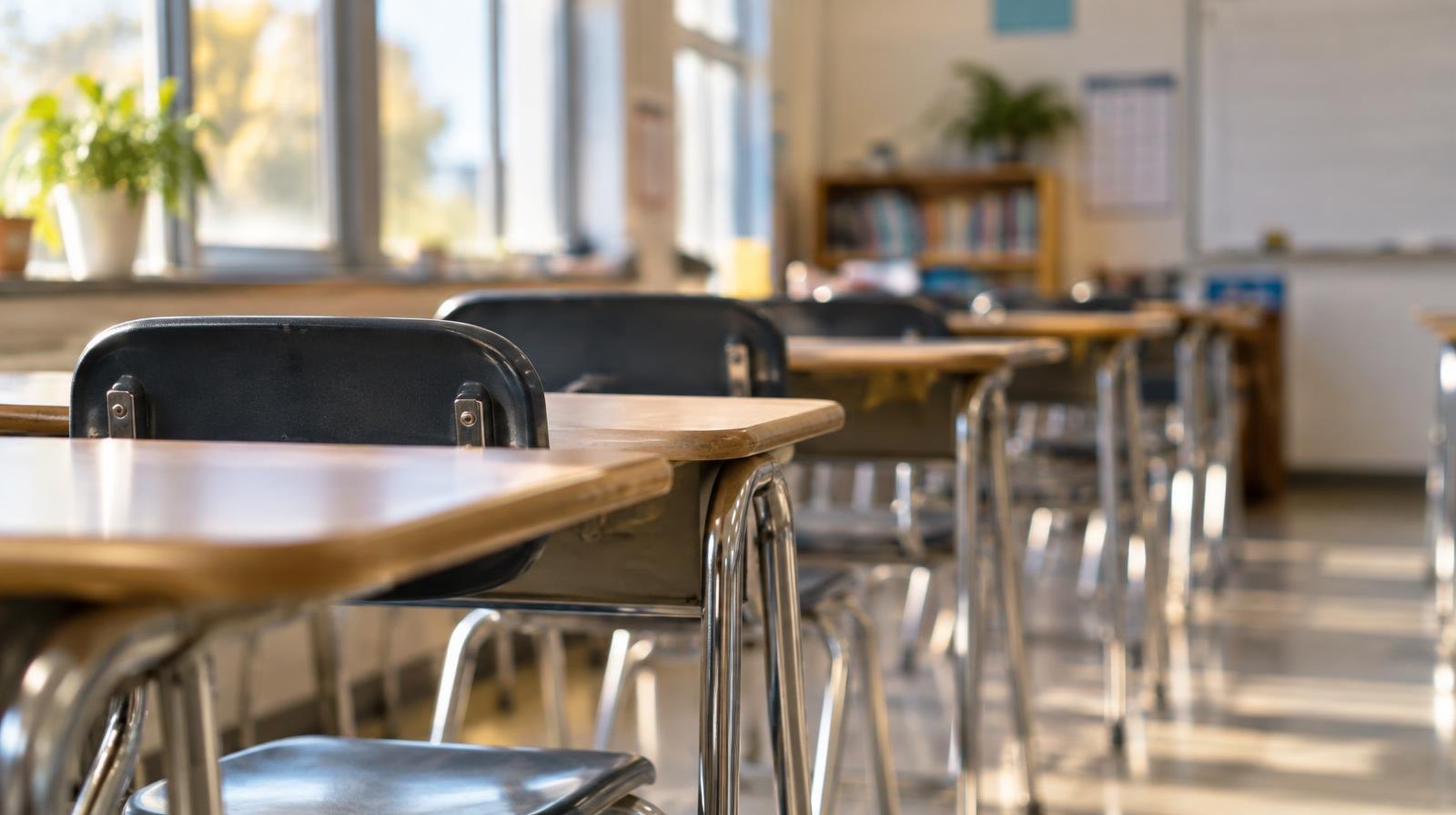 Rows of empty student desks in a bright classroom with sunlight through large windows.