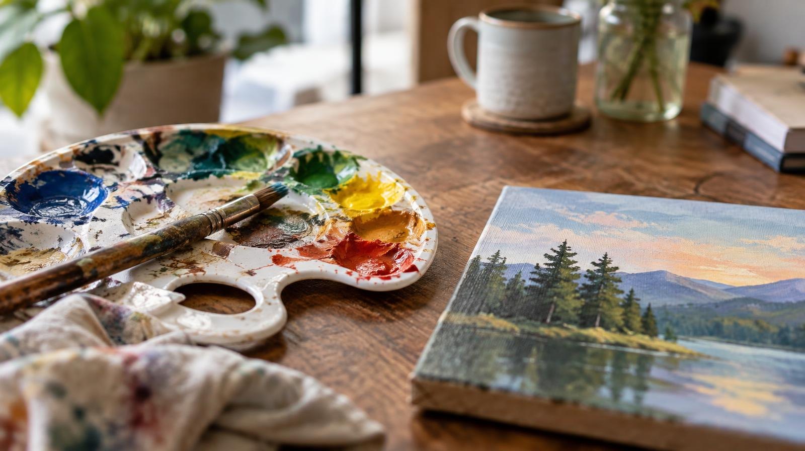 A paintbrush resting on a colorful paint palette beside a small canvas painting.