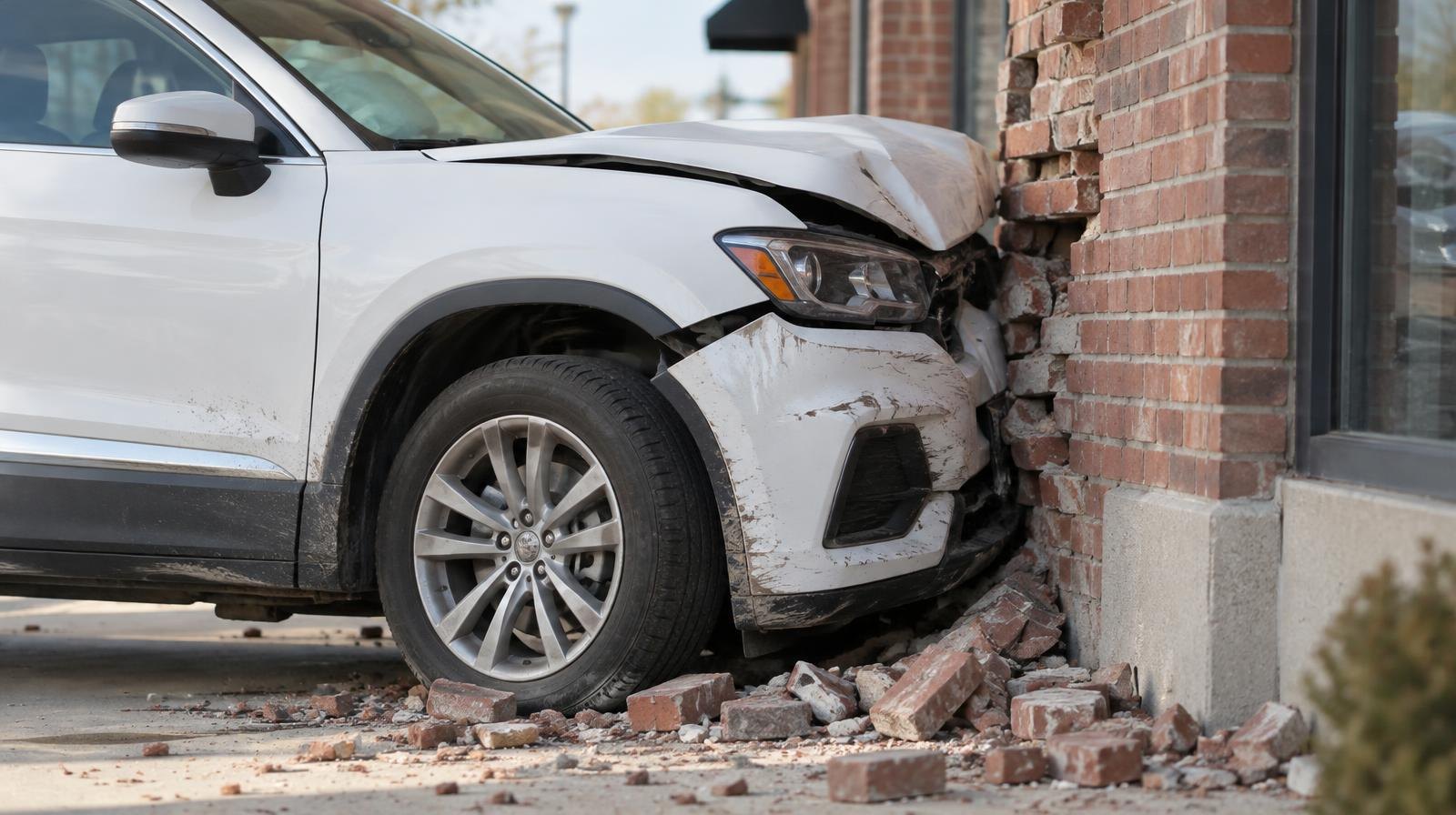 White SUV with front end crashed into a brick wall, debris on the ground.