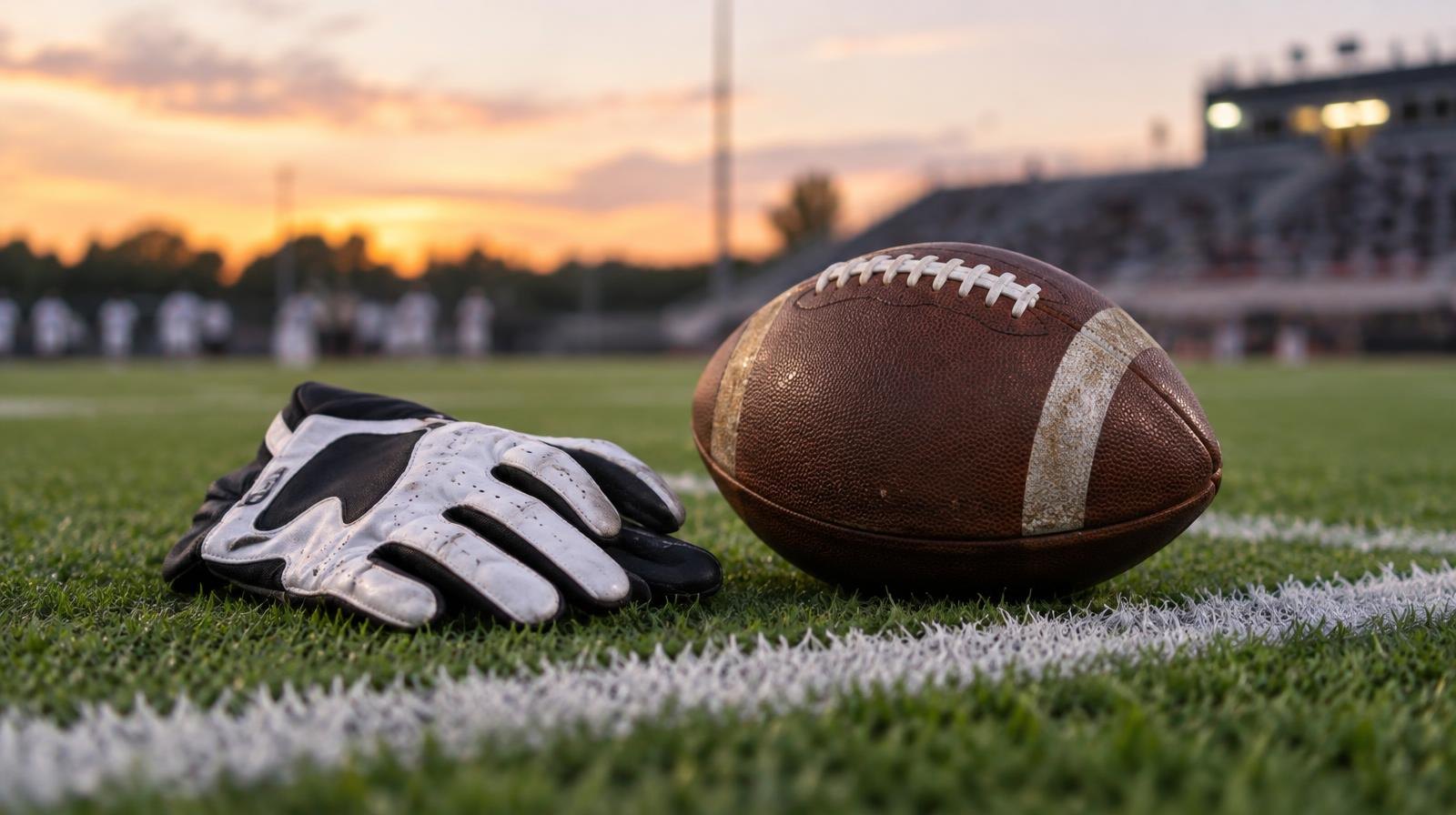 A football resting on green turf beside a painted white yard line with receiver's gloves nearby.