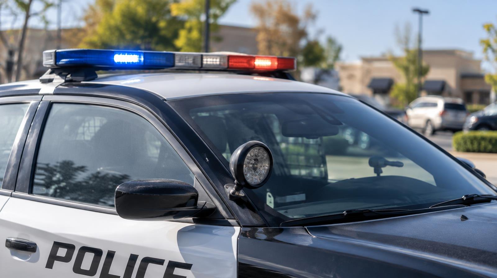 A police patrol car with a light bar parked on a suburban street.