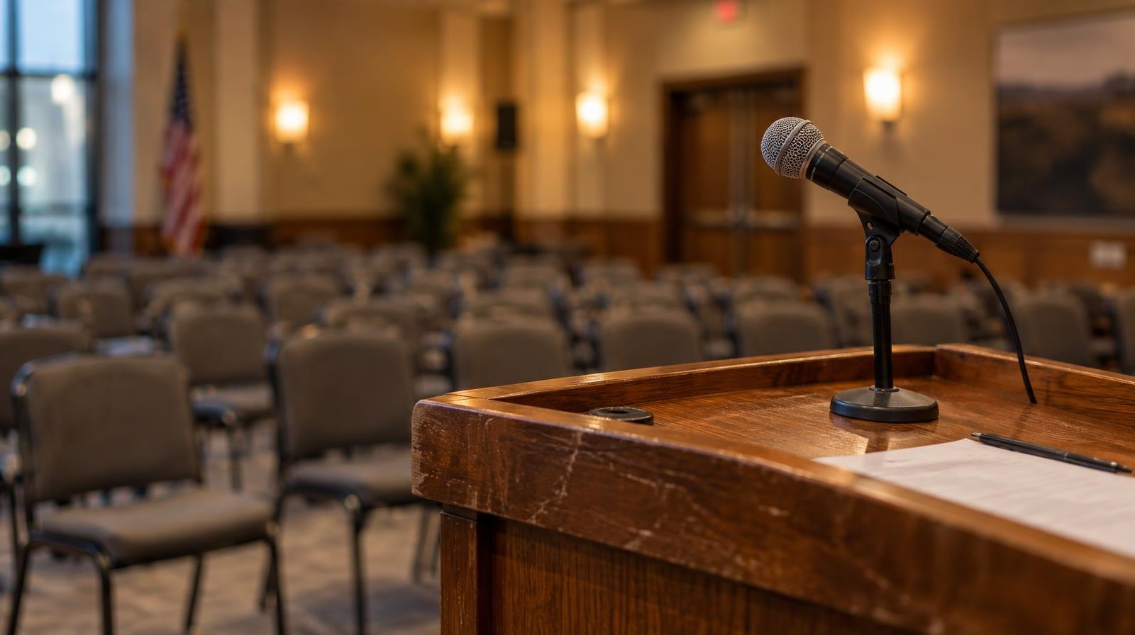 A wooden podium microphone in front of rows of empty chairs.