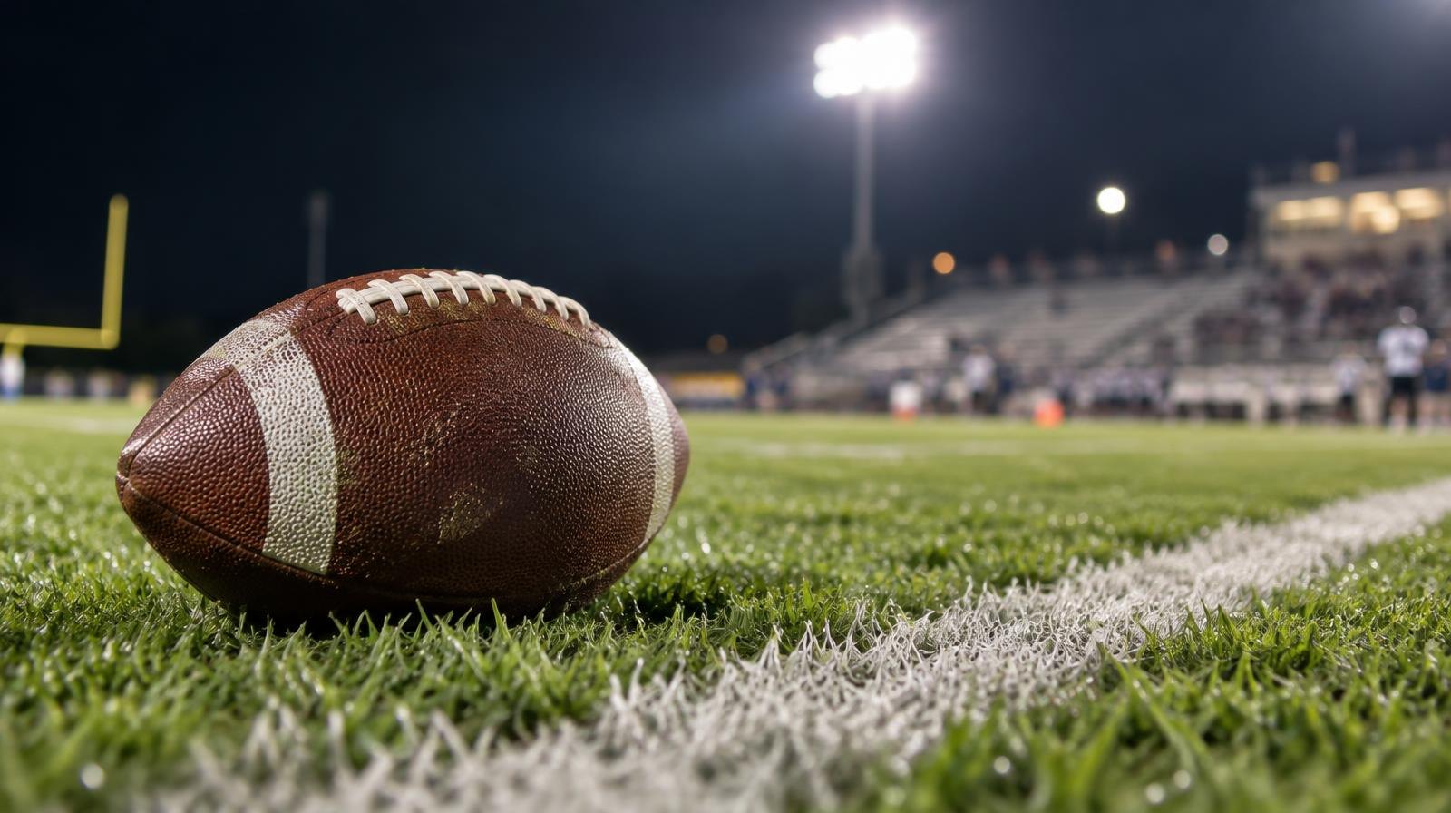 An American football resting on green grass near a white yard line.