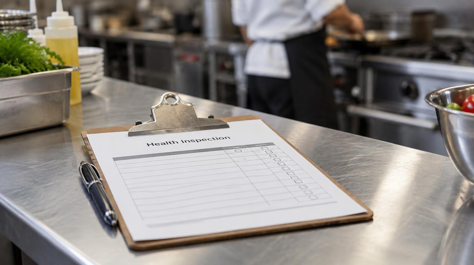 A clipboard with an inspection form on a stainless steel kitchen counter.
