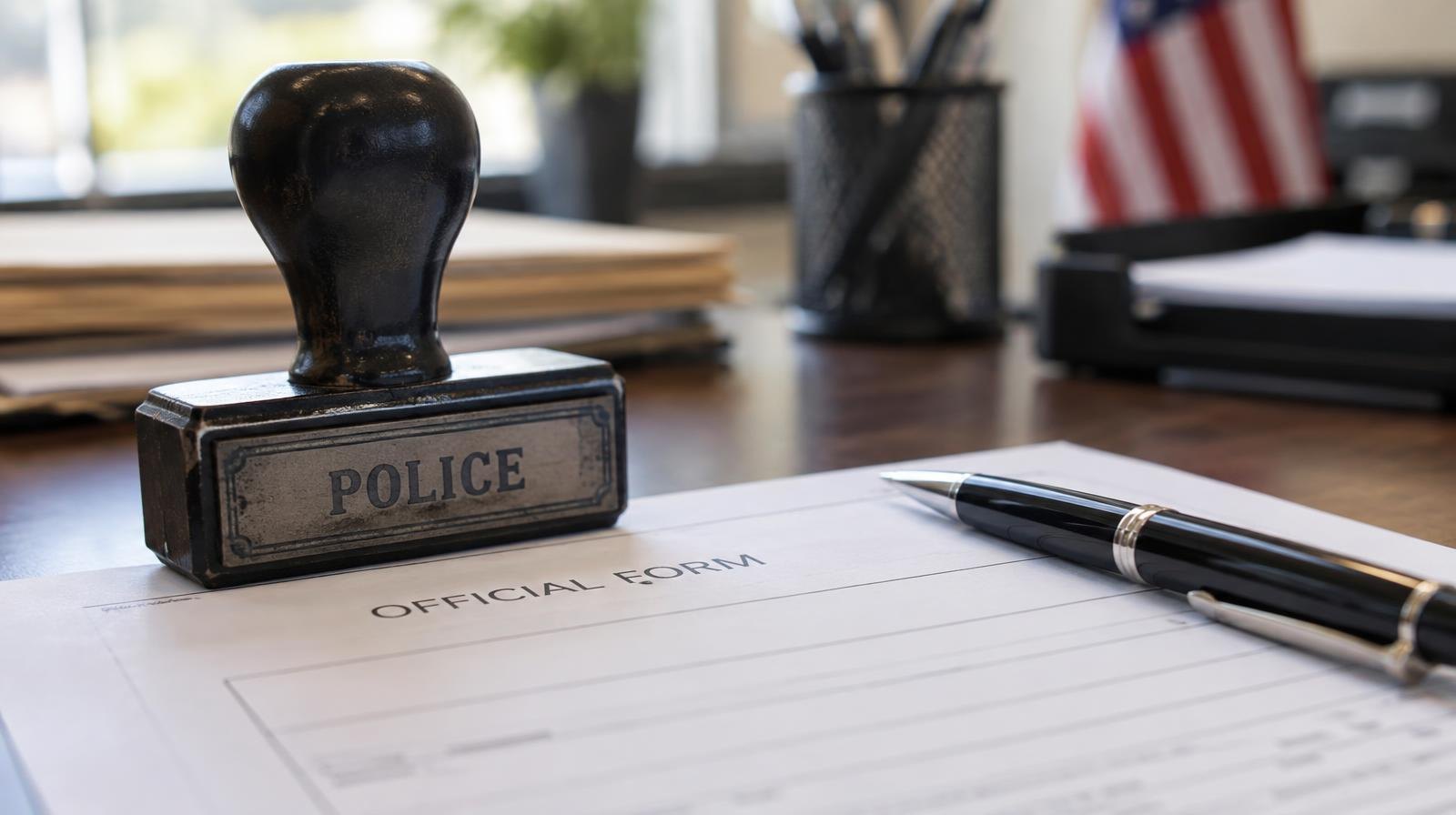 A rubber stamp and pen resting on a document on a desk