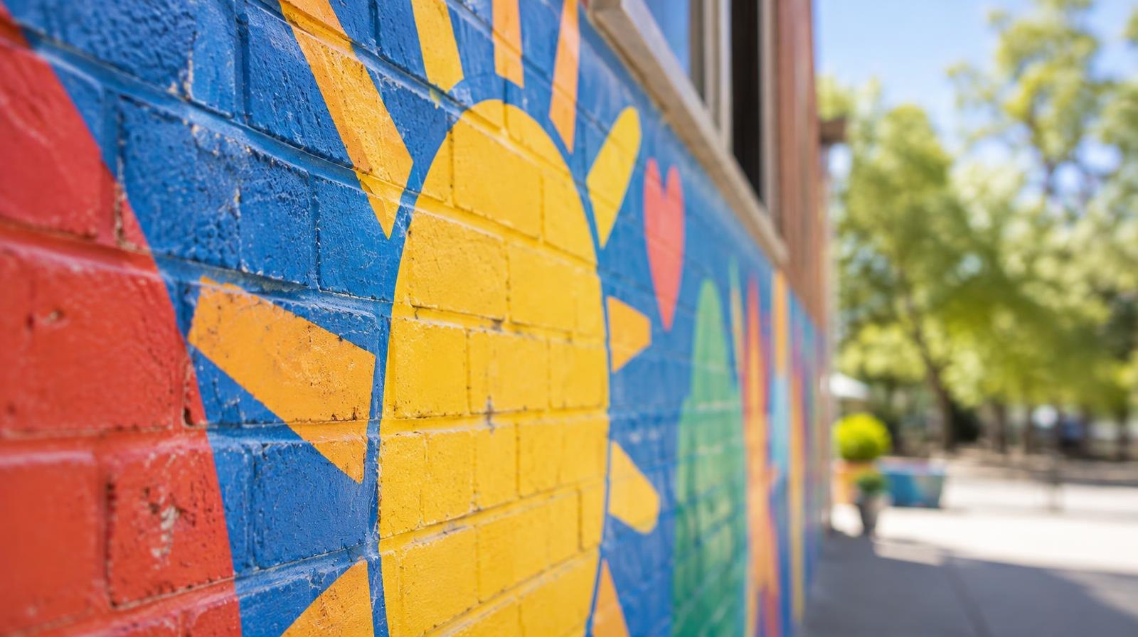 Bright abstract mural painted in primary colors on a brick wall.